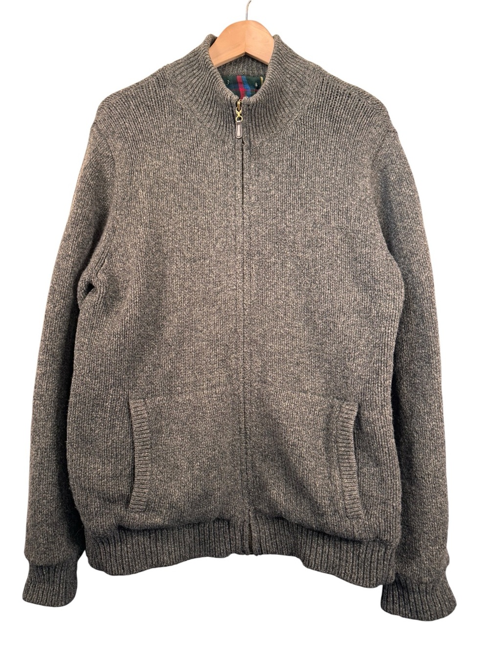 LL Bean Classic Ragg Wool Plaid Lined Full Zip Sweater Mens Large Charcoal Gray